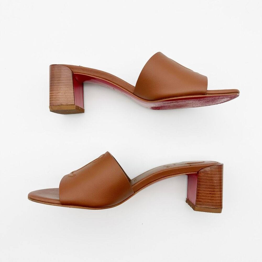 CHRISTIAN LOUBOUTIN So CL Embossed Heel Size 37.5 Sandal Leather Block Slide - Picture 9 of 11